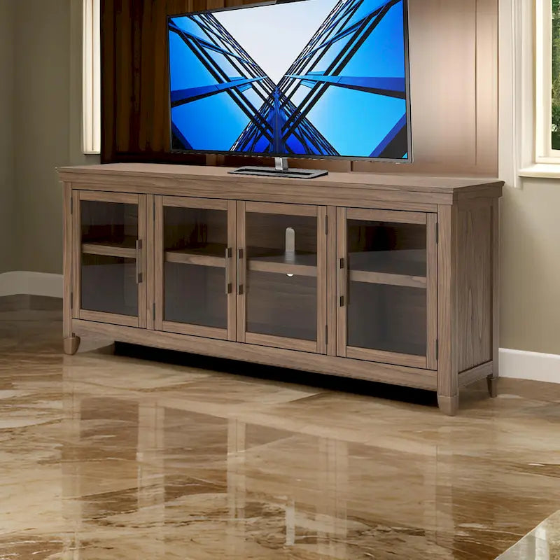 Meuble TV Olaf, 4 portes vitrées, étagères, bois marron 216 cm