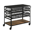 39 Inch Storage Cart, Lockable Caster Wheels, Wood Grain Details, Black