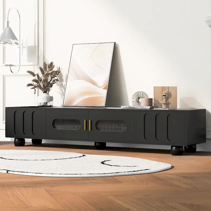 Meuble TV moderne à pieds en bois massif avec 4 étagères de rangement et 2 portes de rangement pour salon ou salle de divertissement