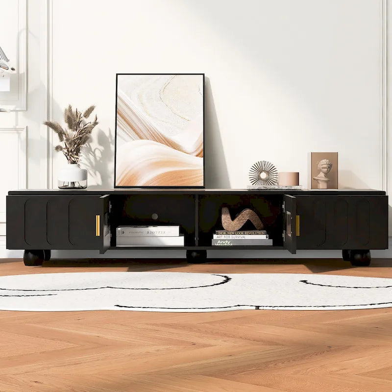 Meuble TV moderne à pieds en bois massif avec 4 étagères de rangement et 2 portes de rangement pour salon ou salle de divertissement