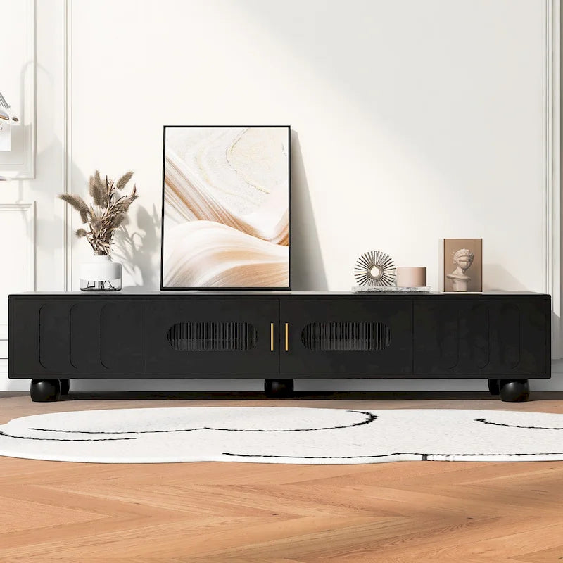 Meuble TV moderne à pieds en bois massif avec 4 étagères de rangement et 2 portes de rangement pour salon ou salle de divertissement