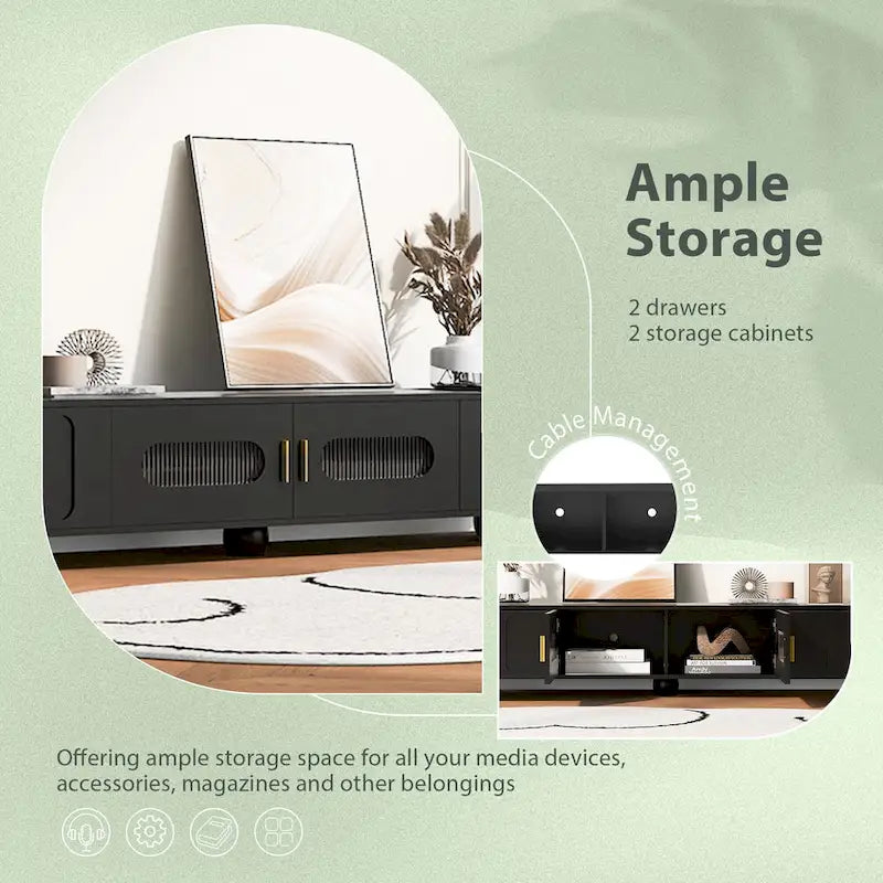 Meuble TV moderne à pieds en bois massif avec 4 étagères de rangement et 2 portes de rangement pour salon ou salle de divertissement