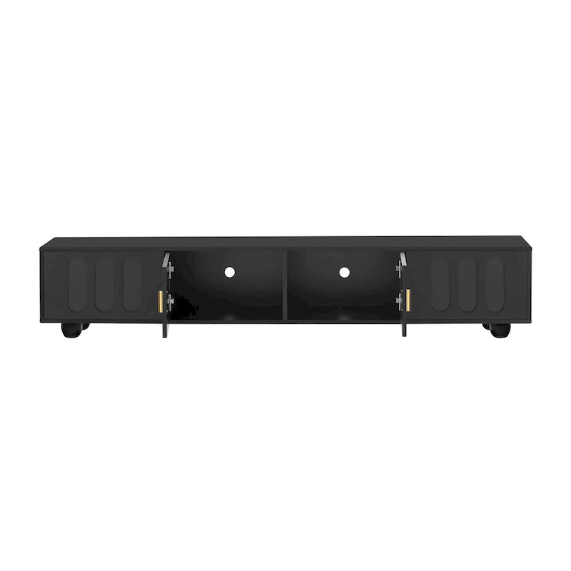 Meuble TV moderne à pieds en bois massif avec 4 étagères de rangement et 2 portes de rangement pour salon ou salle de divertissement