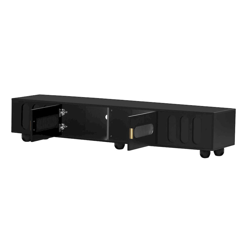 Meuble TV moderne à pieds en bois massif avec 4 étagères de rangement et 2 portes de rangement pour salon ou salle de divertissement