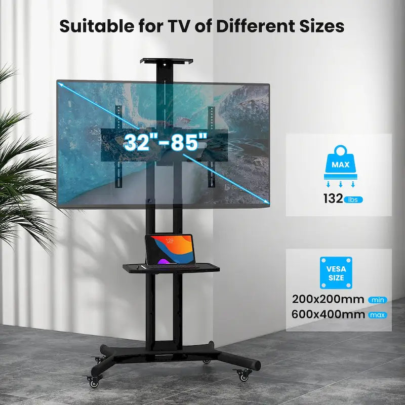 Support TV mobile Gymax pour téléviseurs à écran plat LCD LED de 32 à 82 pouces, jusqu'à 60 kg