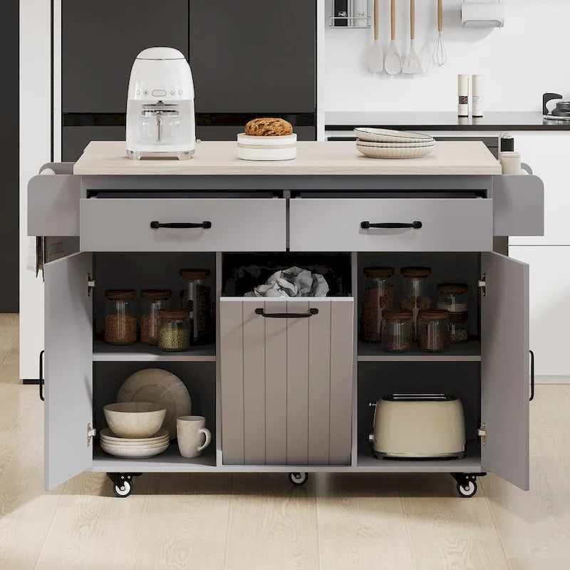 Îlot de cuisine avec meuble de rangement pour poubelle (tabouret non inclus)