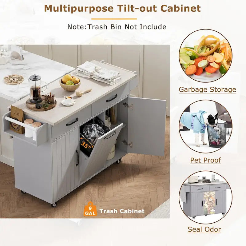 Îlot de cuisine avec meuble de rangement pour poubelle (tabouret non inclus)