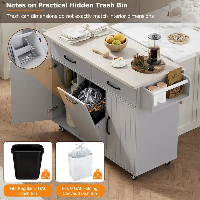 Îlot de cuisine avec meuble de rangement pour poubelle (tabouret non inclus)