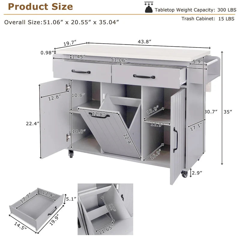 Îlot de cuisine avec meuble de rangement pour poubelle (tabouret non inclus)