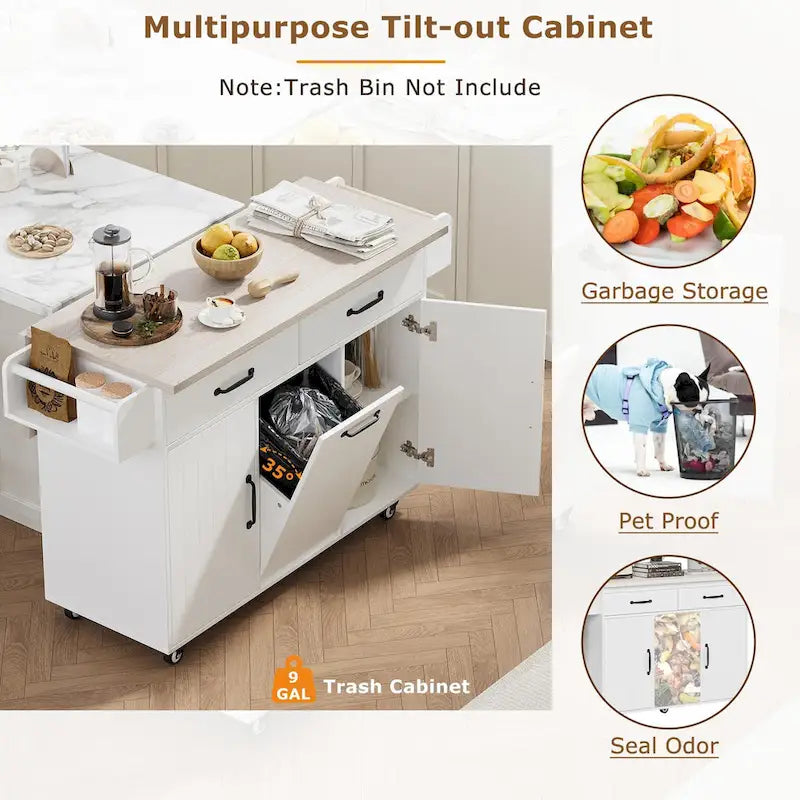 Îlot de cuisine avec meuble de rangement pour poubelle (tabouret non inclus)