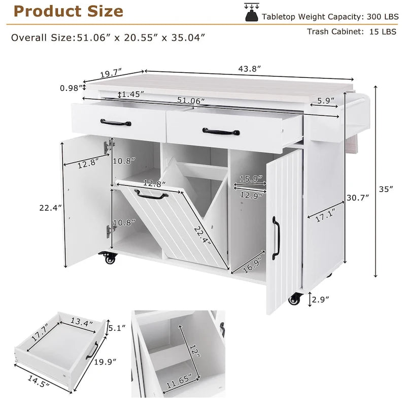 Îlot de cuisine avec meuble de rangement pour poubelle (tabouret non inclus)