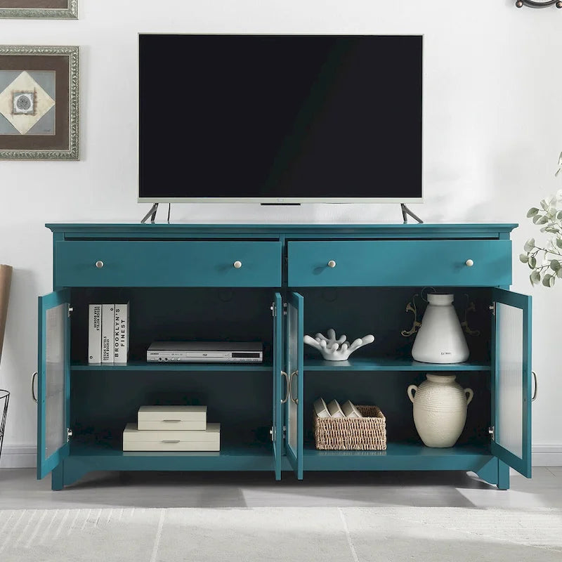 Meubles TV bleu sarcelle modernes style bord de mer avec 2 placards de rangement, 2 tiroirs et poignées dorées pour salon et chambre