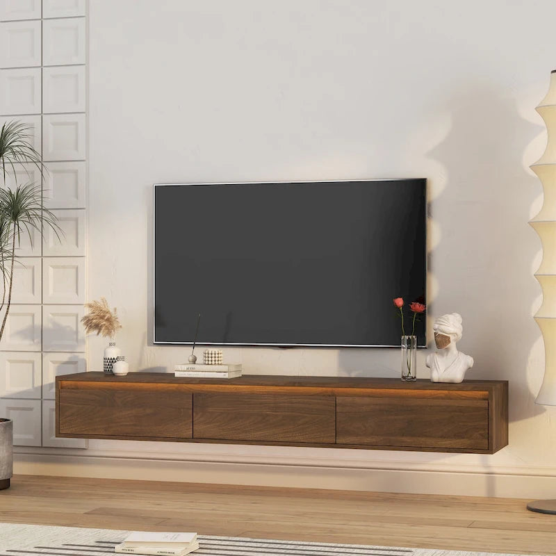 Meuble TV flottant moderne en bois avec 3 armoires de rangement et lumières LED pour salon, chambre et cinéma maison
