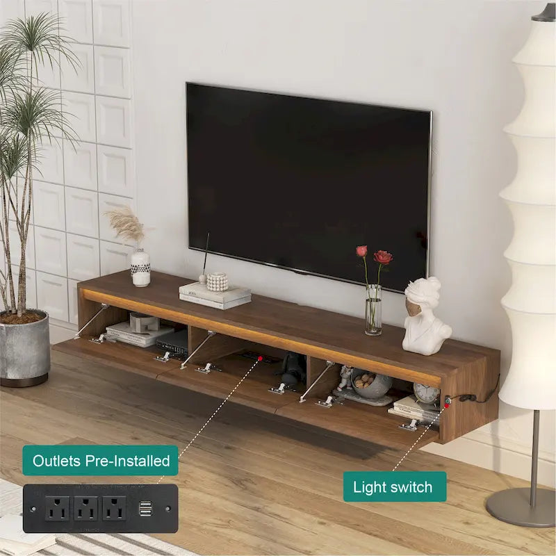 Meuble TV flottant moderne en bois avec 3 armoires de rangement et lumières LED pour salon, chambre et cinéma maison