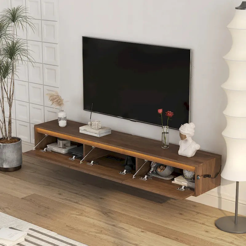 Meuble TV flottant moderne en bois avec 3 armoires de rangement et lumières LED pour salon, chambre et cinéma maison