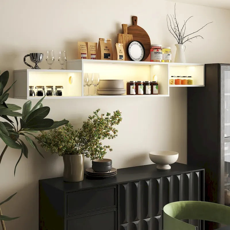 Meuble TV flottant moderne avec 3 étagères et LED 20 couleurs pour home cinéma et bureau muraux