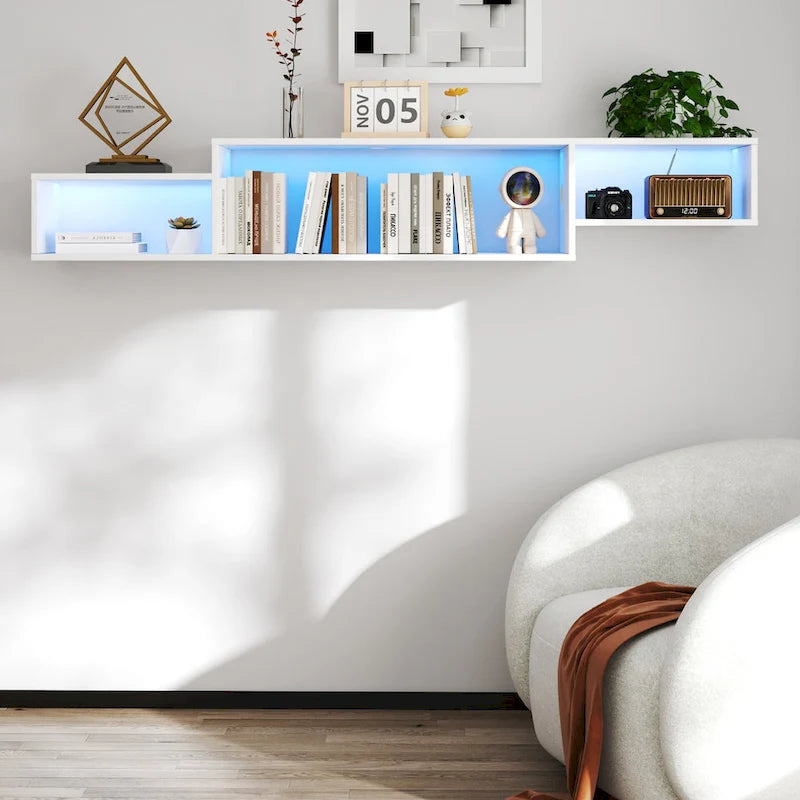 Meuble TV flottant moderne avec 3 étagères et LED 20 couleurs pour home cinéma et bureau muraux
