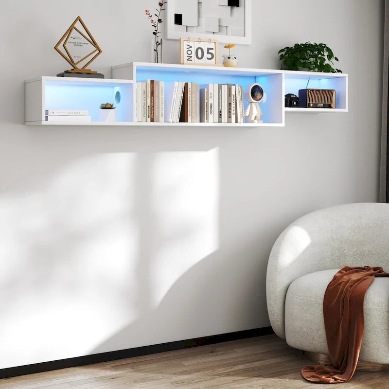 Meuble TV flottant moderne avec 3 étagères et LED 20 couleurs pour home cinéma et bureau muraux