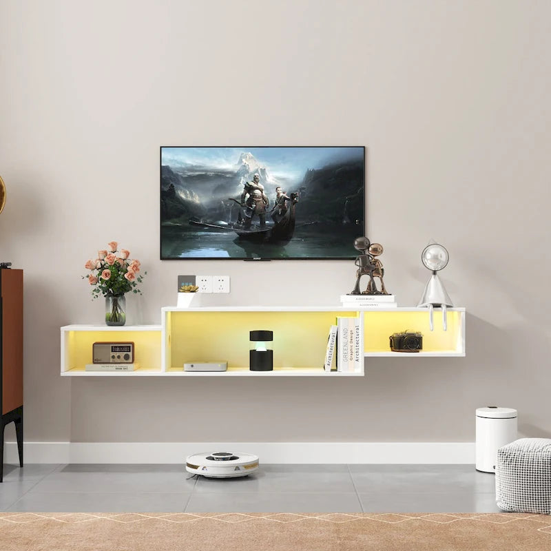 Meuble TV flottant moderne avec 3 étagères et LED 20 couleurs pour home cinéma et bureau muraux