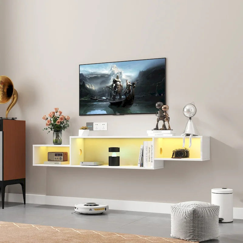 Meuble TV flottant moderne avec 3 étagères et LED 20 couleurs pour home cinéma et bureau muraux