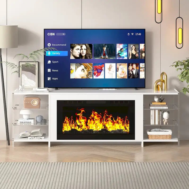 Meuble TV rustique VECELO 70 avec ou sans foyer chauffant (2 options), table de centre de divertissement média avec étagères de rangement
