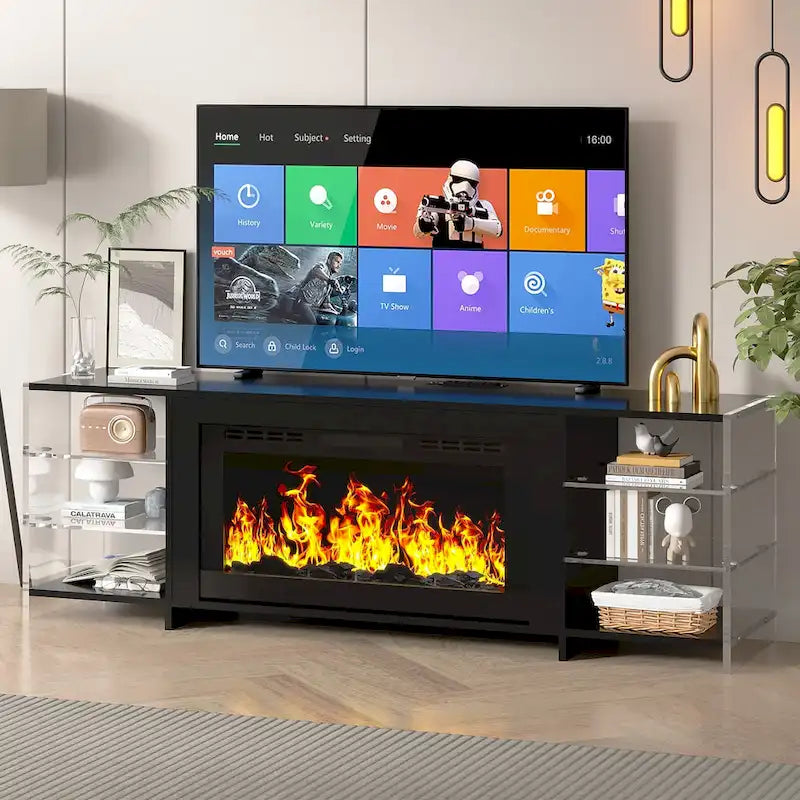 Meuble TV rustique VECELO 70 avec ou sans foyer chauffant (2 options), table de centre de divertissement média avec étagères de rangement