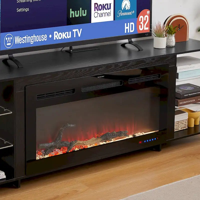 Meuble TV rustique VECELO 70 avec ou sans foyer chauffant (2 options), table de centre de divertissement média avec étagères de rangement