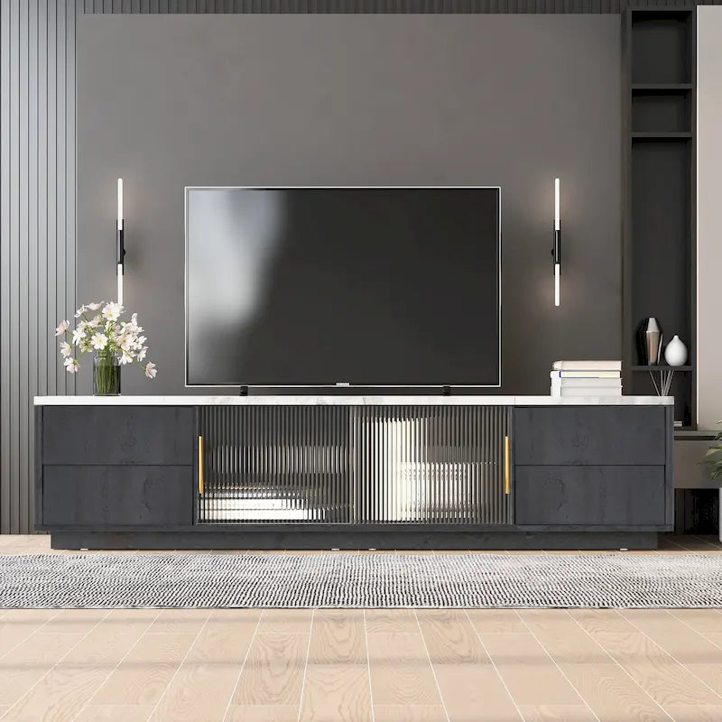 Meuble TV avec portes en verre pour téléviseur de 70 pouces, console multimédia avec 4 tiroirs, table de centre multimédia en bois avec grand placard de rangement