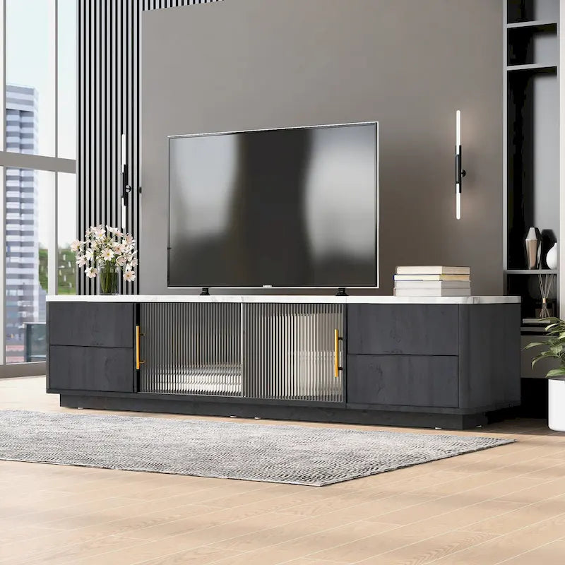 Meuble TV avec portes en verre pour téléviseur de 70 pouces, console multimédia avec 4 tiroirs, table de centre multimédia en bois avec grand placard de rangement