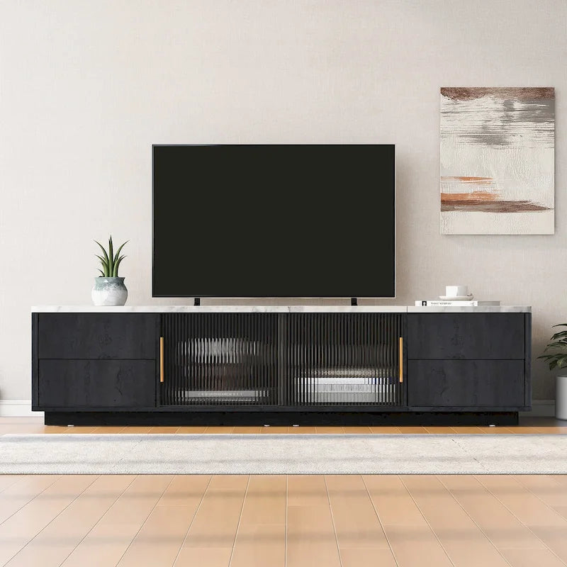 Meuble TV avec portes en verre pour téléviseur de 70 pouces, console multimédia avec 4 tiroirs, table de centre multimédia en bois avec grand placard de rangement