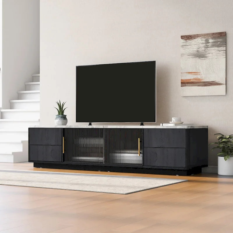 Meuble TV avec portes en verre pour téléviseur de 70 pouces, console multimédia avec 4 tiroirs, table de centre multimédia en bois avec grand placard de rangement
