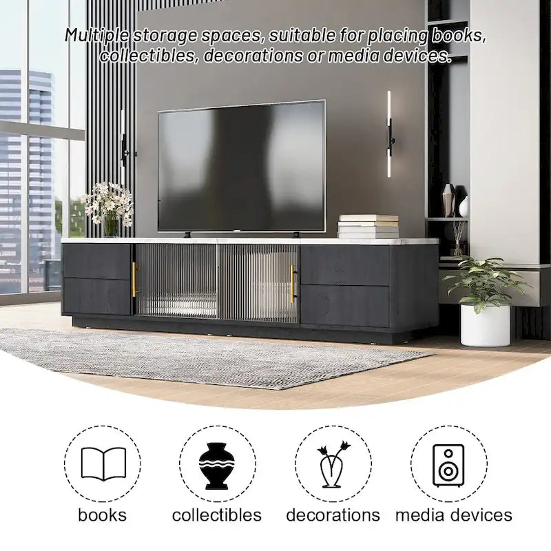 Meuble TV avec portes en verre pour téléviseur de 70 pouces, console multimédia avec 4 tiroirs, table de centre multimédia en bois avec grand placard de rangement