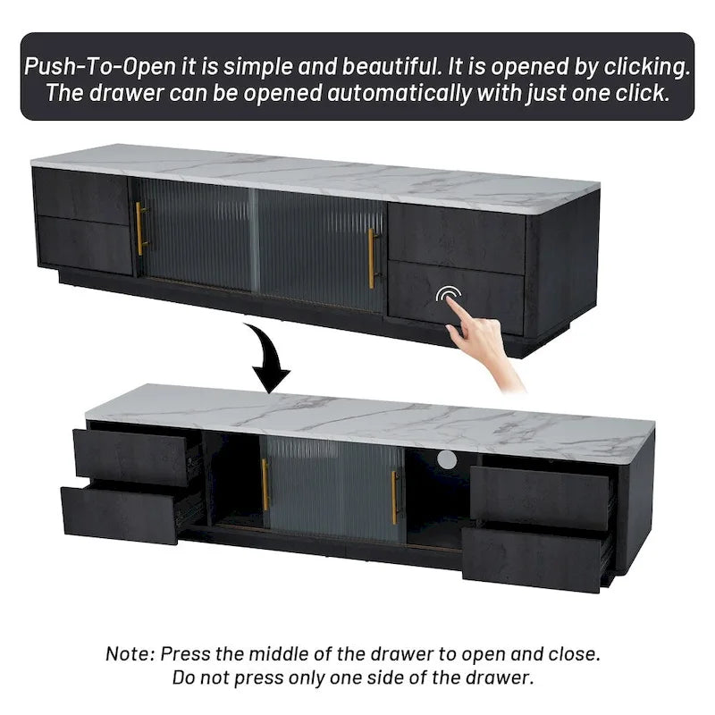 Meuble TV avec portes en verre pour téléviseur de 70 pouces, console multimédia avec 4 tiroirs, table de centre multimédia en bois avec grand placard de rangement