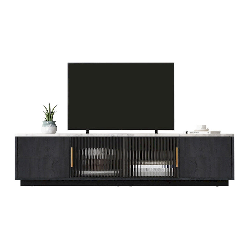 Meuble TV avec portes en verre pour téléviseur de 70 pouces, console multimédia avec 4 tiroirs, table de centre multimédia en bois avec grand placard de rangement