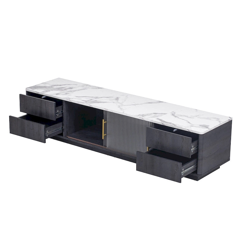 Meuble TV avec portes en verre pour téléviseur de 70 pouces, console multimédia avec 4 tiroirs, table de centre multimédia en bois avec grand placard de rangement