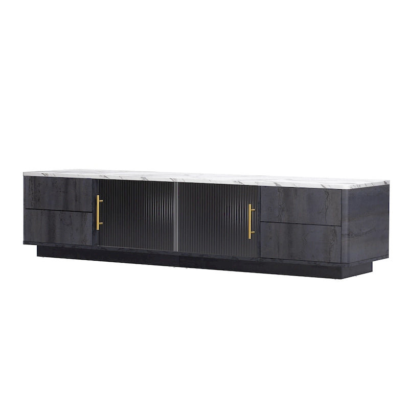 Meuble TV avec portes en verre pour téléviseur de 70 pouces, console multimédia avec 4 tiroirs, table de centre multimédia en bois avec grand placard de rangement