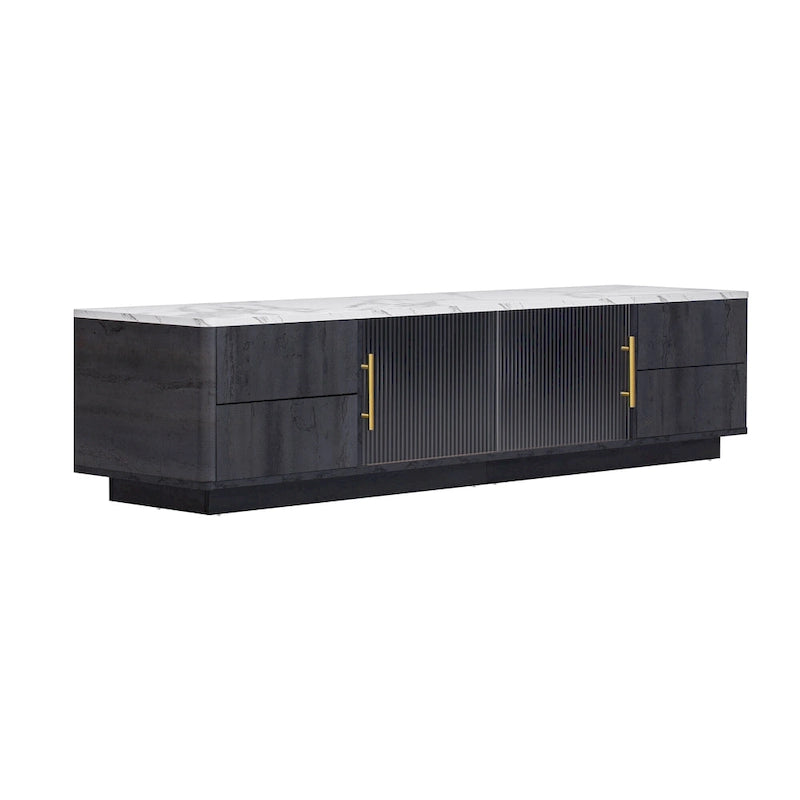 Meuble TV avec portes en verre pour téléviseur de 70 pouces, console multimédia avec 4 tiroirs, table de centre multimédia en bois avec grand placard de rangement