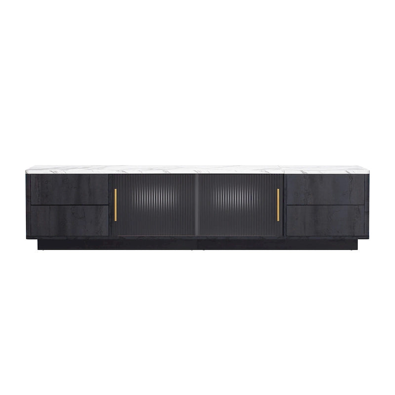 Meuble TV avec portes en verre pour téléviseur de 70 pouces, console multimédia avec 4 tiroirs, table de centre multimédia en bois avec grand placard de rangement