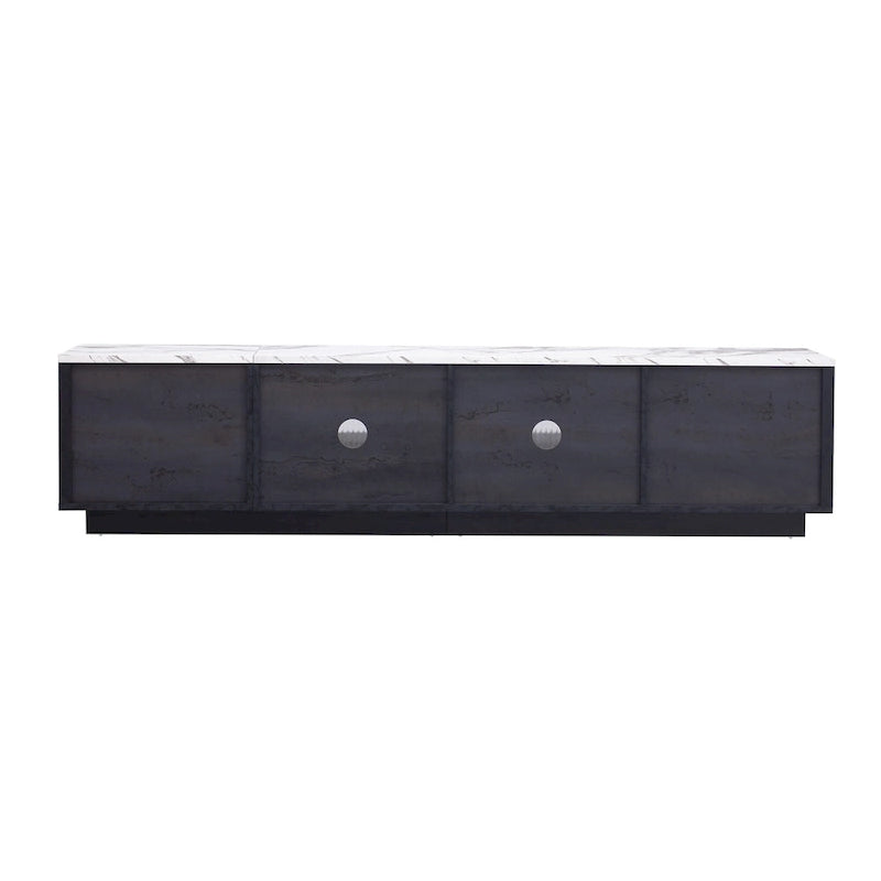 Meuble TV avec portes en verre pour téléviseur de 70 pouces, console multimédia avec 4 tiroirs, table de centre multimédia en bois avec grand placard de rangement