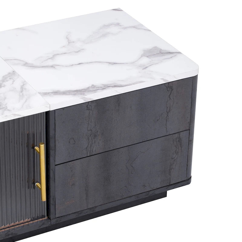 Meuble TV avec portes en verre pour téléviseur de 70 pouces, console multimédia avec 4 tiroirs, table de centre multimédia en bois avec grand placard de rangement