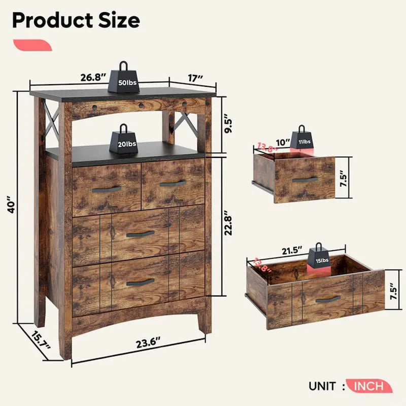 Meuble de rangement pour salon avec 2 étagères et 4 tiroirs, marron foncé - 68