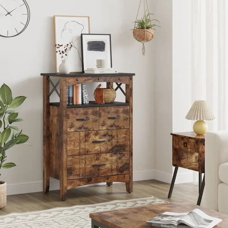 Meuble de rangement pour salon avec 2 étagères et 4 tiroirs, marron foncé - 68