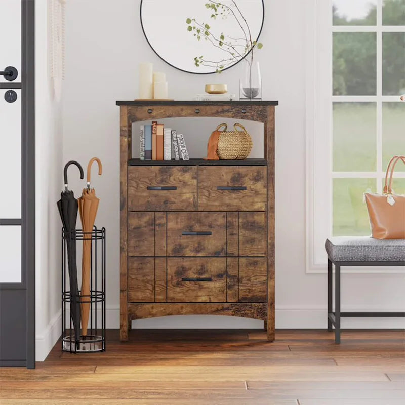 Meuble de rangement pour salon avec 2 étagères et 4 tiroirs, marron foncé - 68