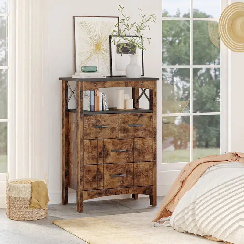 Meuble de rangement pour salon avec 2 étagères et 4 tiroirs, marron foncé - 68