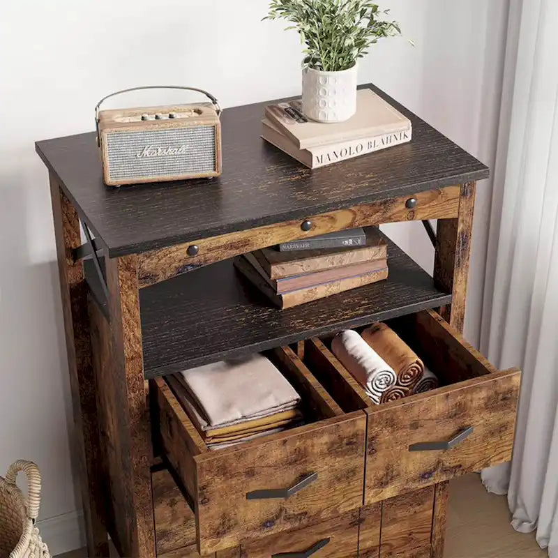 Meuble de rangement pour salon avec 2 étagères et 4 tiroirs, marron foncé - 68