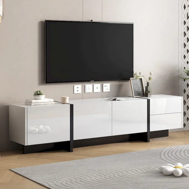 Meuble TV blanc de 74 po avec fini lustré et rangement, pour téléviseurs jusqu'à 80 po