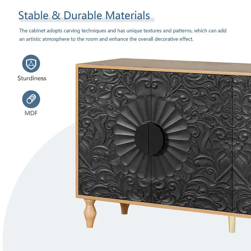 Meuble TV d'appoint 62,99 avec porte à motif sculpté, étagère de rangement et pieds en bois massif pour salon