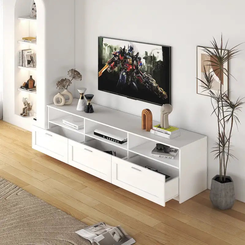 Meuble TV blanc 70 po avec rangement ouvert et tiroirs pour salon