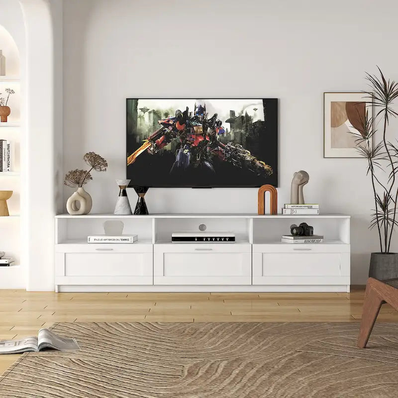 Meuble TV blanc 70 po avec rangement ouvert et tiroirs pour salon