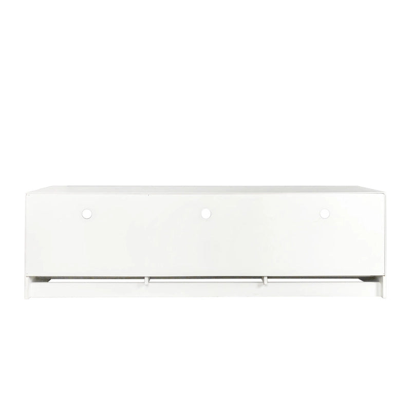 Meuble TV blanc 70 po avec rangement ouvert et tiroirs pour salon